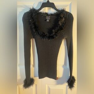INC International Concepts Black Ribbed Top with Feather Detail